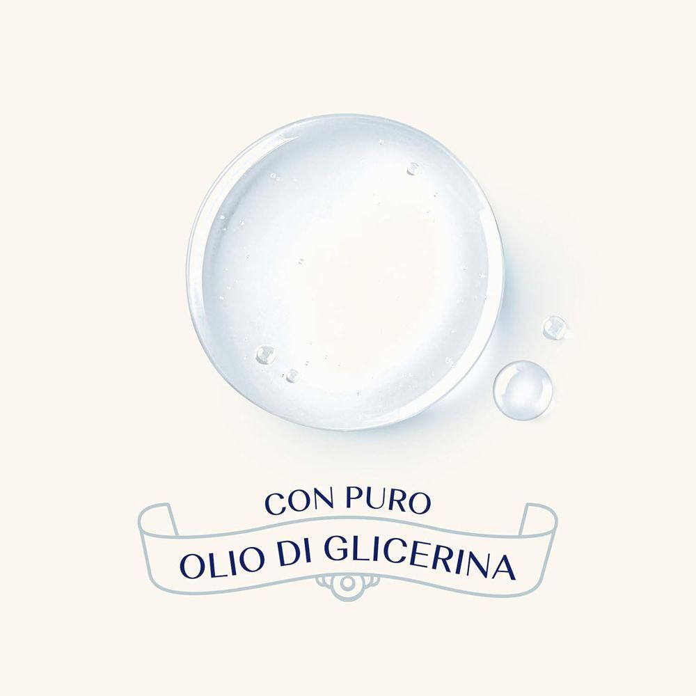 Grande sfera trasparente con piccole bollicine, sotto un nastro con scritto 'CON PURO OLIO DI GLICERINA'.
