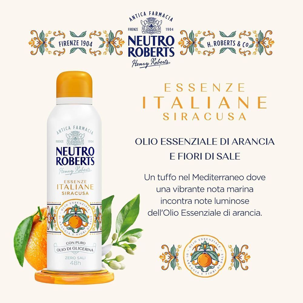 Deodorante spray NEUTRO ROBERTS Siracusa profumo arancia e fiori di sale, circondato da arance e foglie.