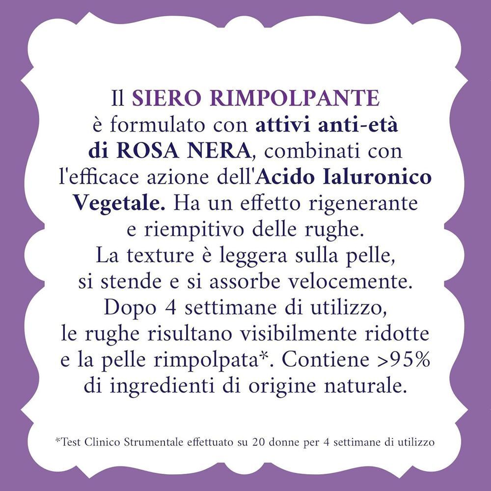Informazioni su Acqua alle Rose Siero Rimpolpante: formula con acido ialuronico e rosa nera.