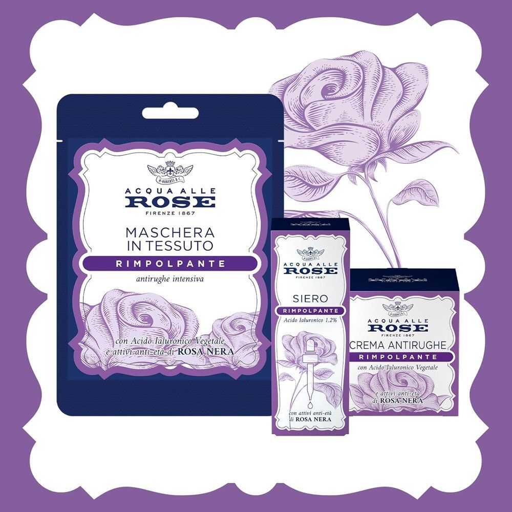 Prodotti Acqua alle Rose: maschera viso, Siero Rimpolpante e Crema Antirughe.
