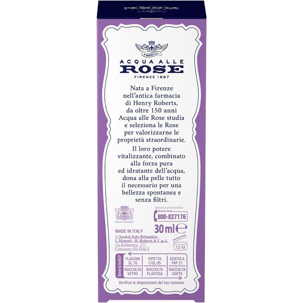 Retro di una confezione di Acqua alle Rose Siero Rimpolpante con testo e indicazione 30ml.