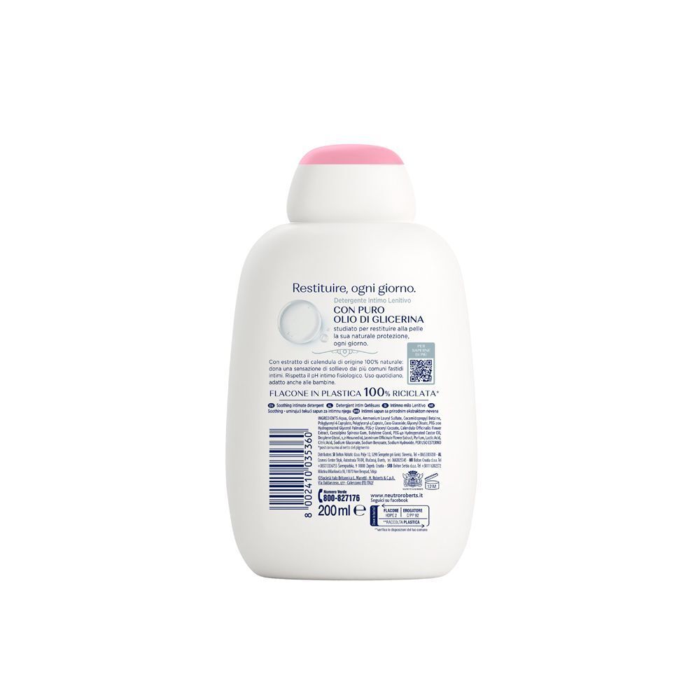 Retro di un flacone bianco di detergente intimo con tappo rosa. Contiene informazioni e codice a barre.