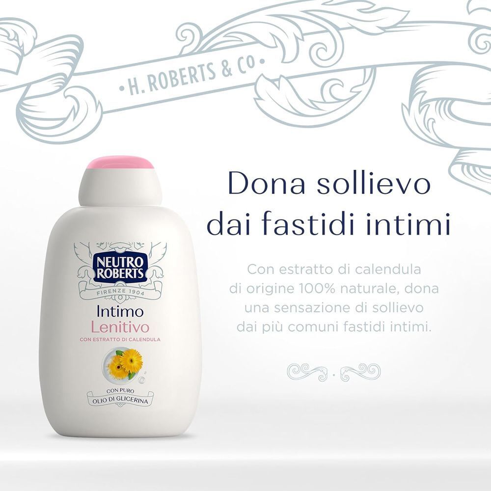 Flacone bianco di detergente intimo con tappo rosa, etichetta 'Intimo Lenitivo'.