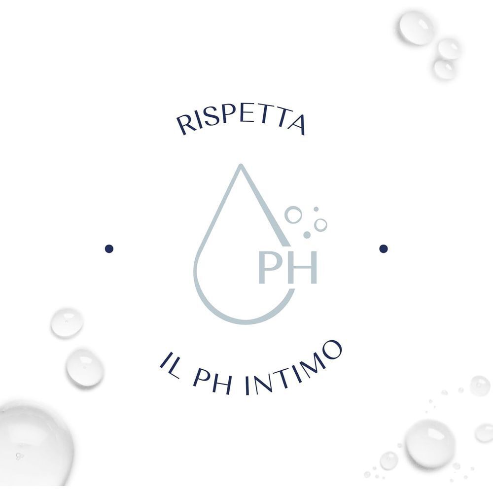Simbolo di goccia d'acqua con 'PH' e testo 'Rispetta il pH intimo'.
