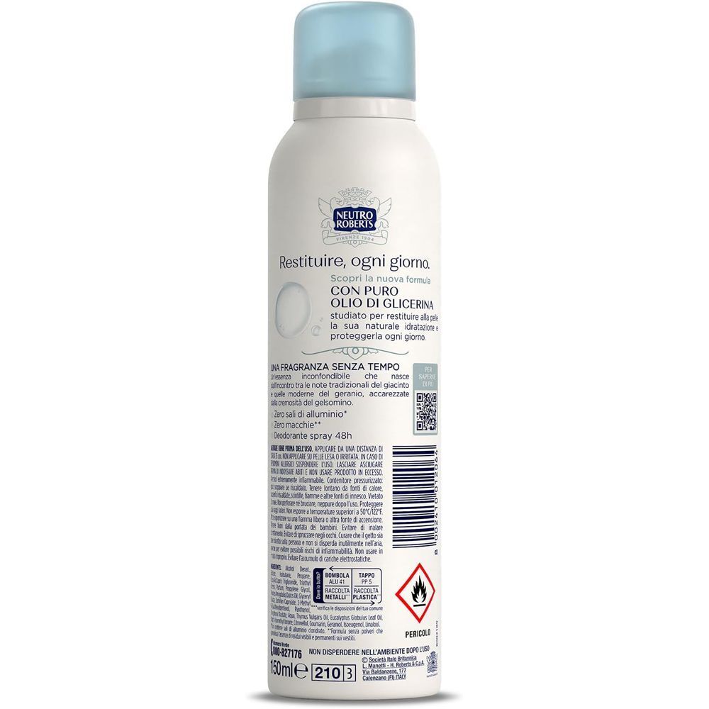 Retro di un flacone spray bianco, Neutro Roberts Fresco Classico, con informazioni sul prodotto.