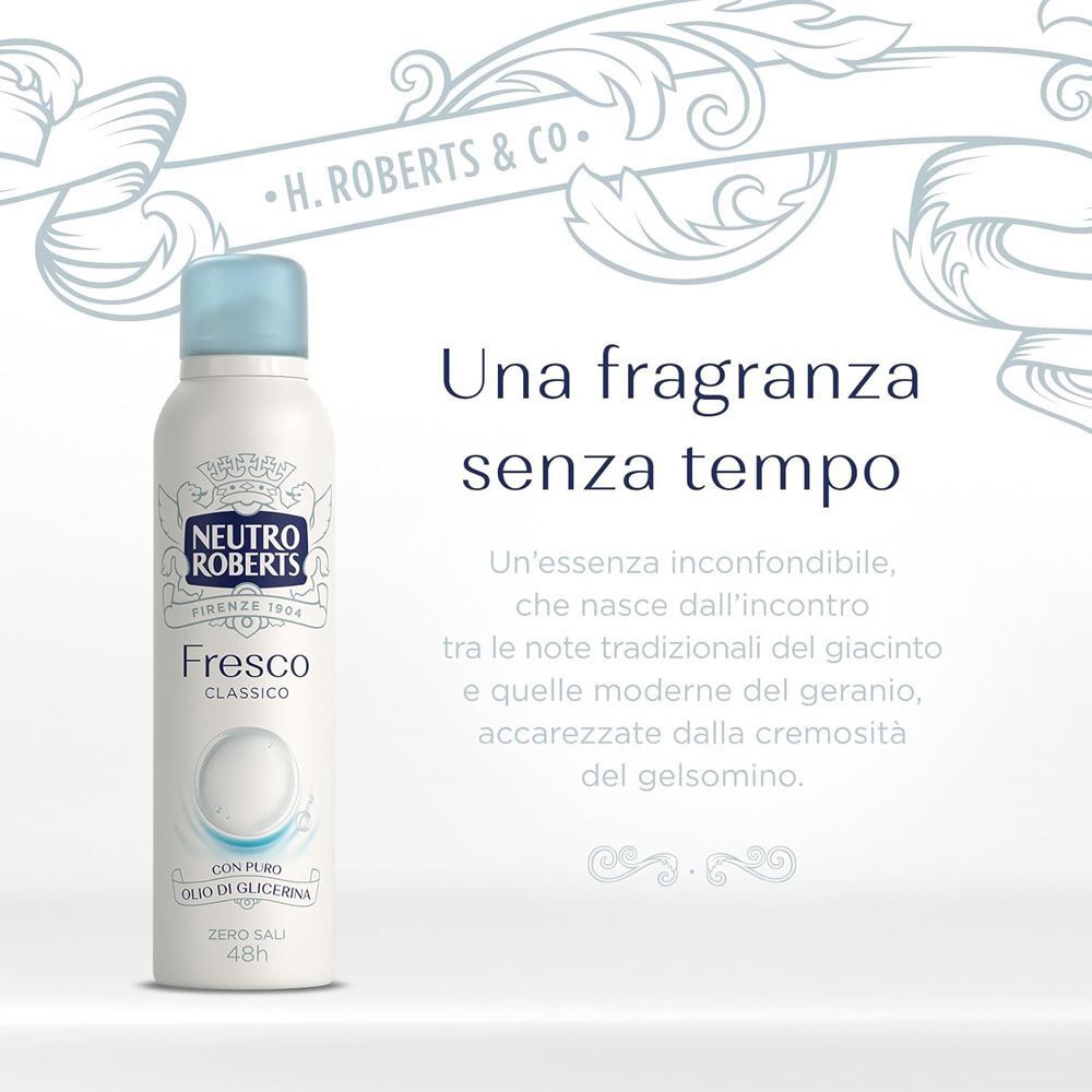 Flacone spray bianco Neutro Roberts Fresco Classico con testo su una fragranza senza tempo.
