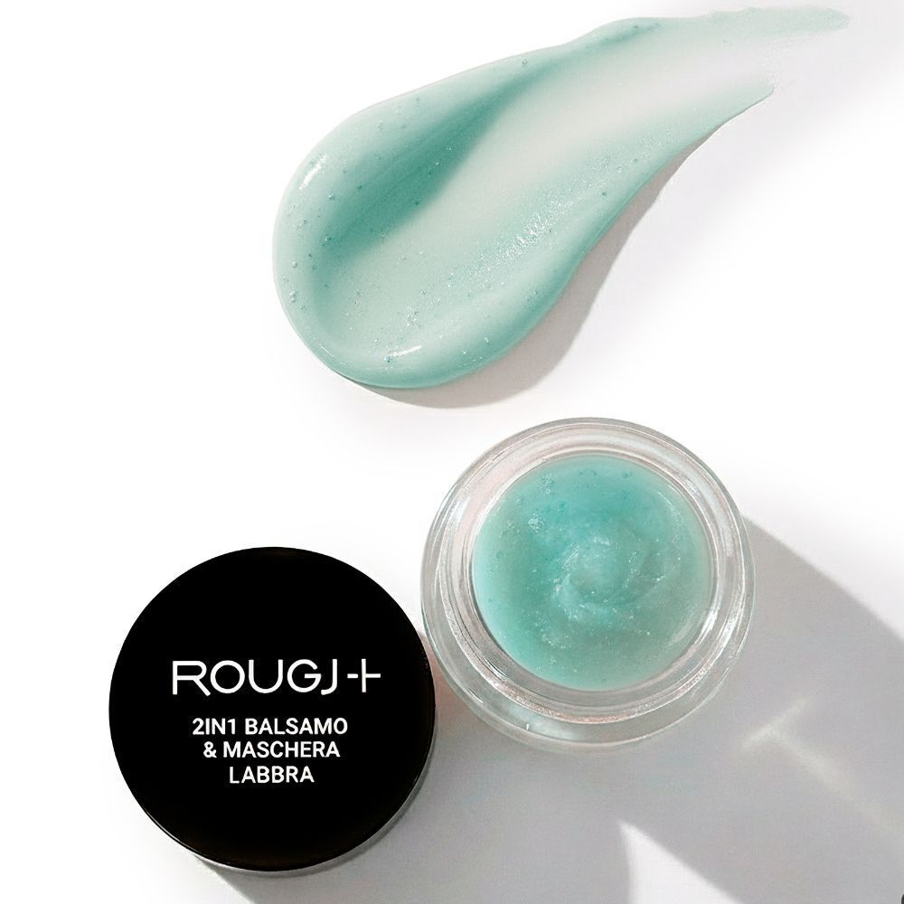 Rougj 2in1 Balsamo & Maschera Labbra in un vasetto e un campione.