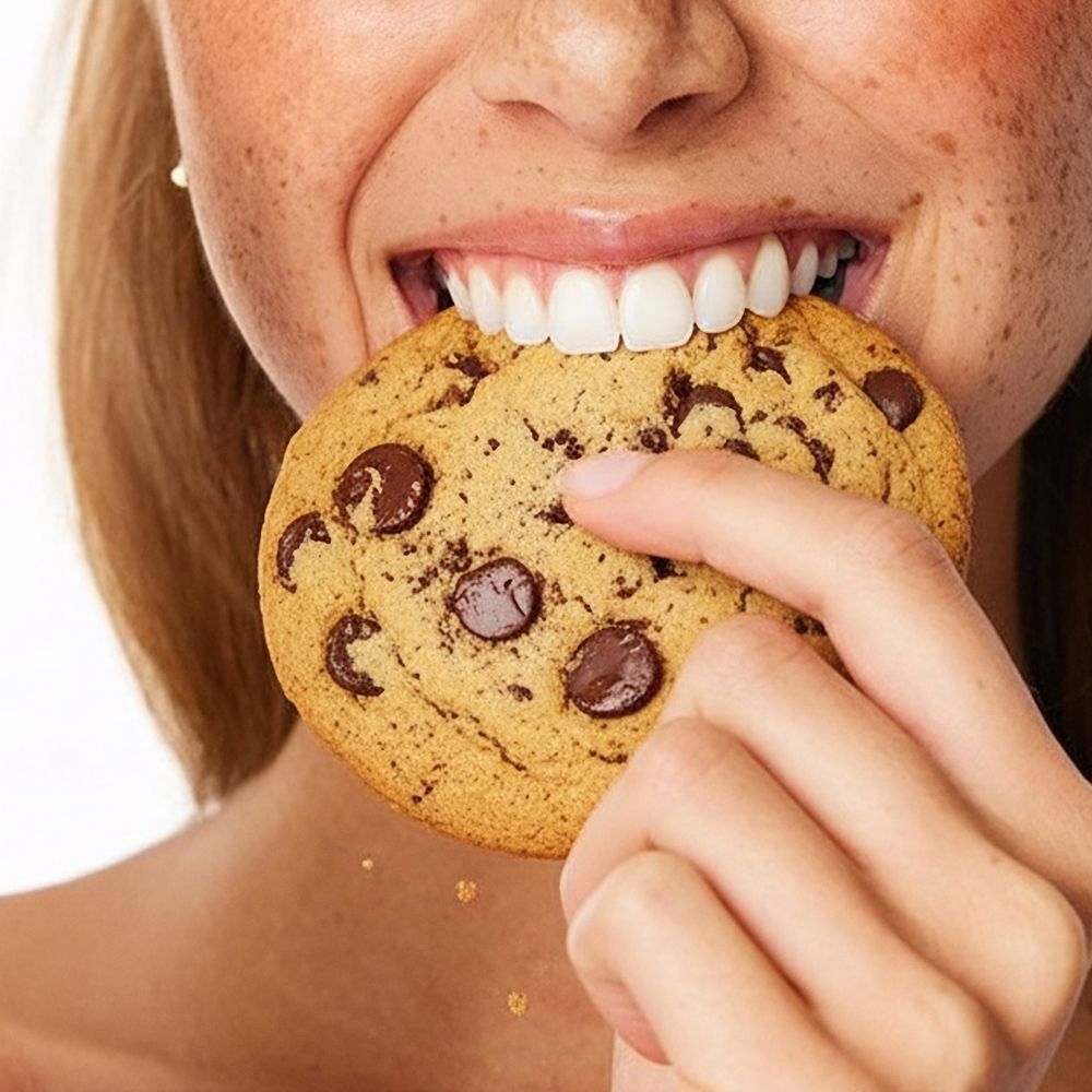 Una donna che morde un biscotto con gocce di cioccolato.