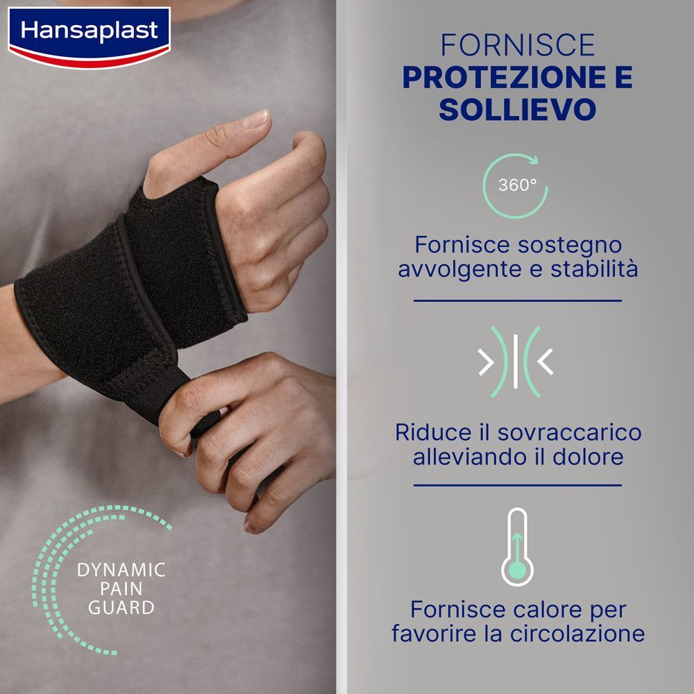 Tutore polso nero con supporto a 360°, riduce sovraccarico e allevia il dolore.