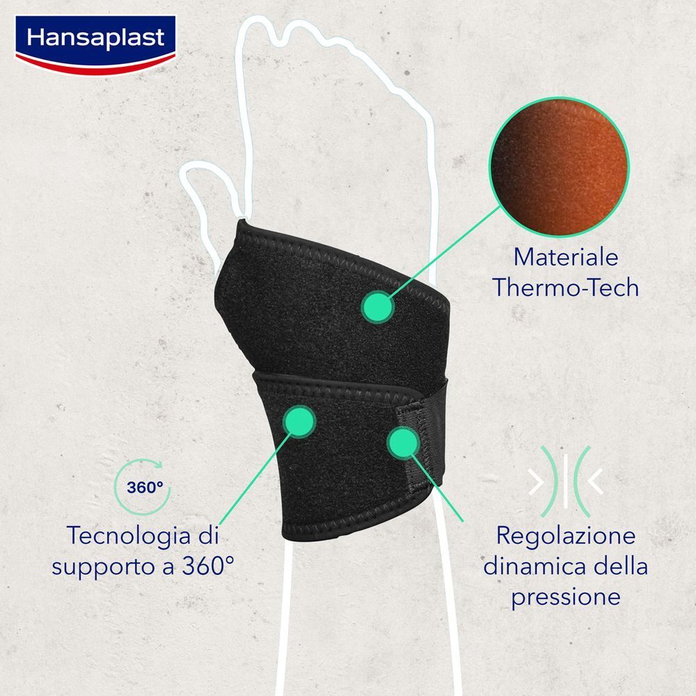 Supporto per polso in materiale Thermo-Tech con tecnologia 360° e regolazione dinamica della pressione.