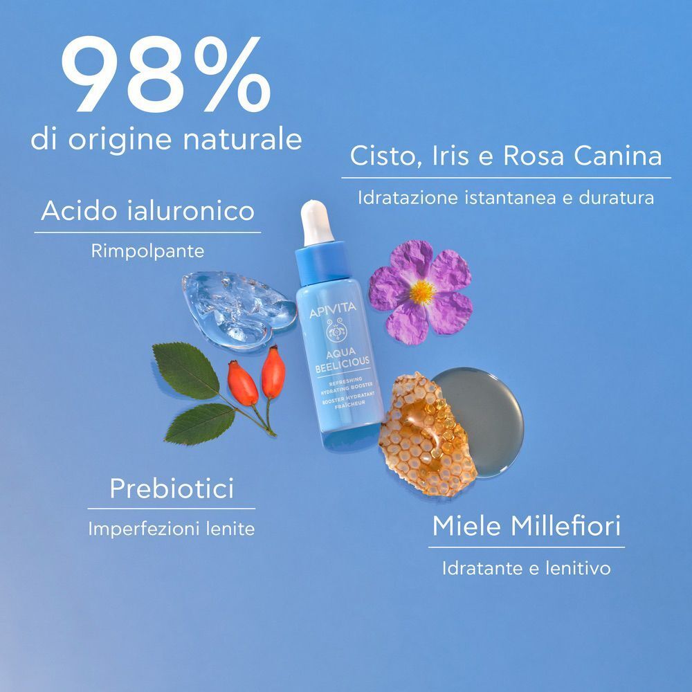 Booster Apivita Aqua Beelicious, 98% ingredienti naturali: acido ialuronico, prebiotici, miele.