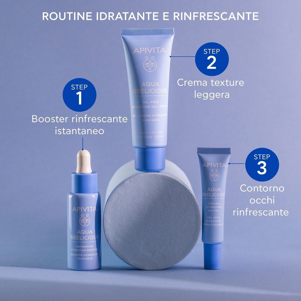 Routine Apivita Aqua Beelicious: Booster, crema leggera, contorno occhi. Step 1, 2, 3.