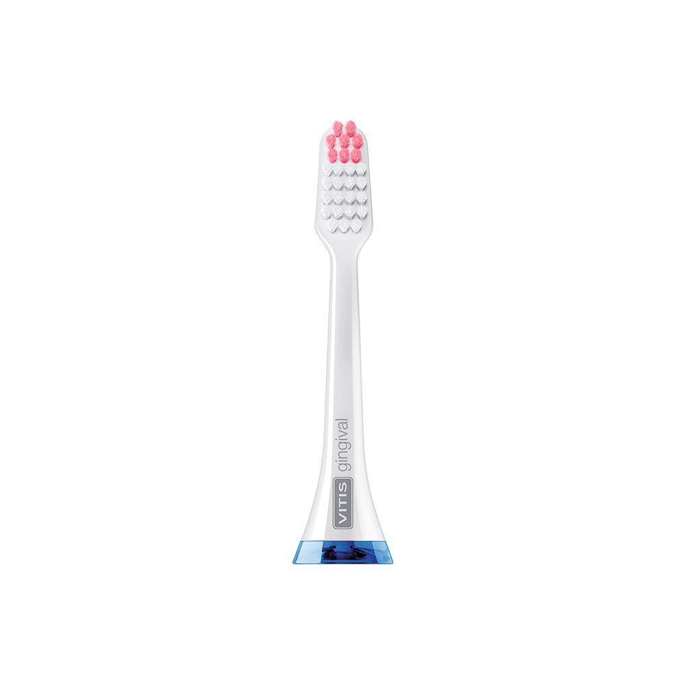 Una testina per spazzolino elettrico Vitis Sonic S10/S20 con setole bianche e accento blu.