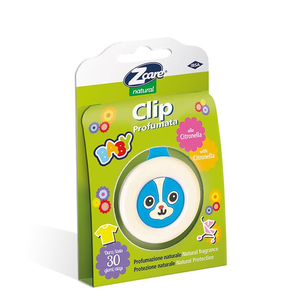 Clip Z Care Baby alla citronella in confezione singola. Clip rotonda con disegno di cane.