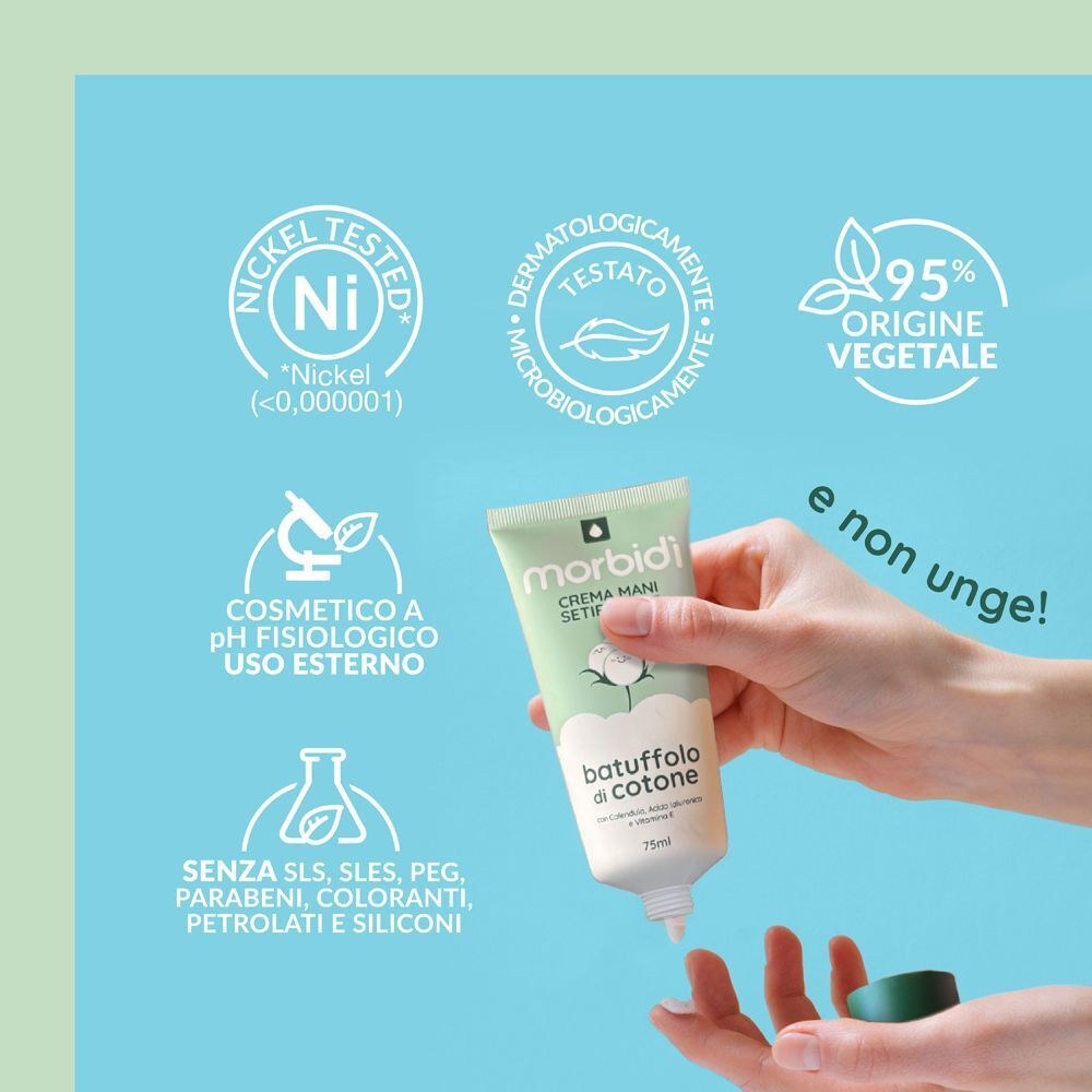 Mano che tiene una Morbidi Crema Mani "Batuffolo di Cotone". Diversi sigilli dermatologici e "95% Origine Vegetale" sono visibili.
