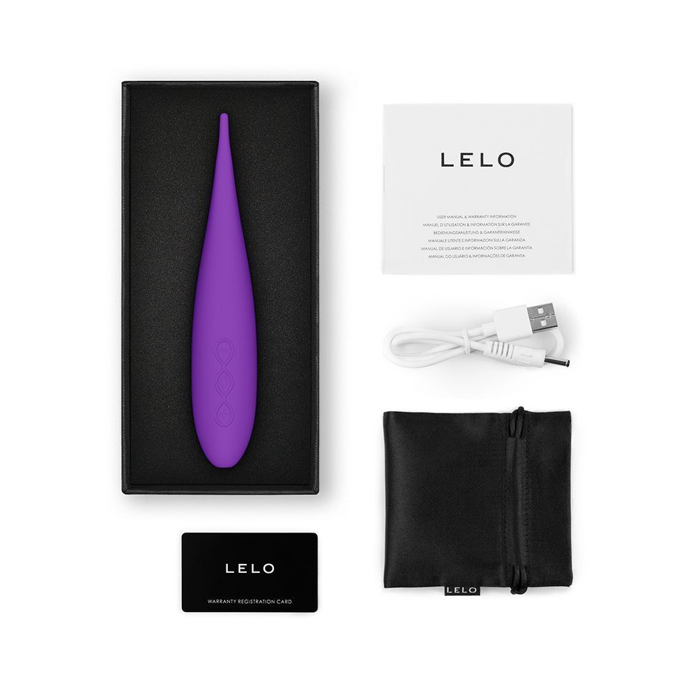 Vibratore viola, cavo di ricarica, pochette nera, manuale e scheda di garanzia.