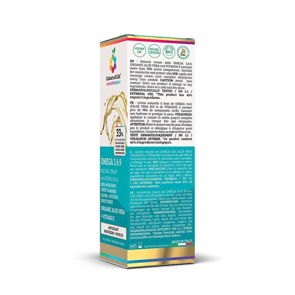 Retro di una confezione di Crema Omega 3.6.9 Colours of Life con informazioni sul prodotto.