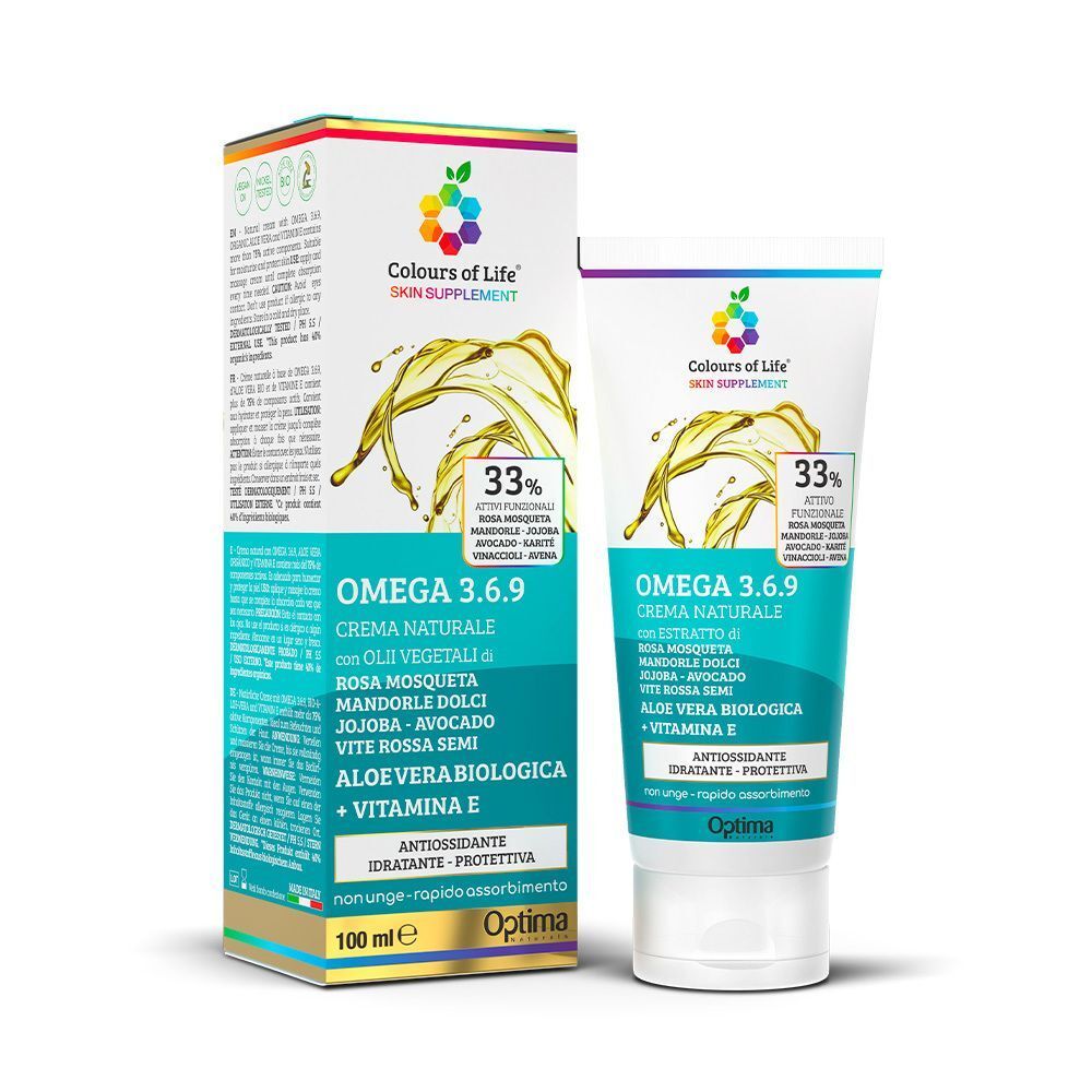 Un tubo e una confezione di Colours of Life Omega 3.6.9 Crema Naturale, 100 ml.