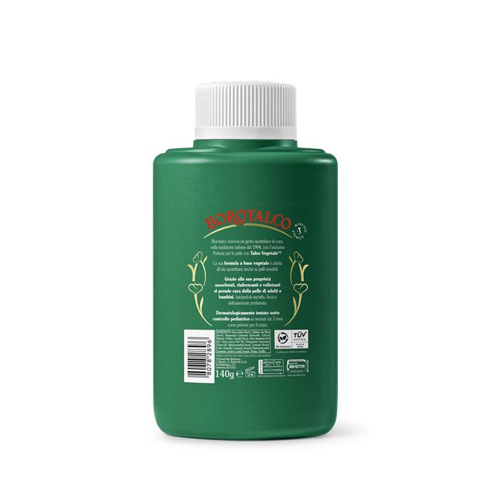 Retro di un barattolo verde Borotalco con informazioni sul prodotto e certificazioni.