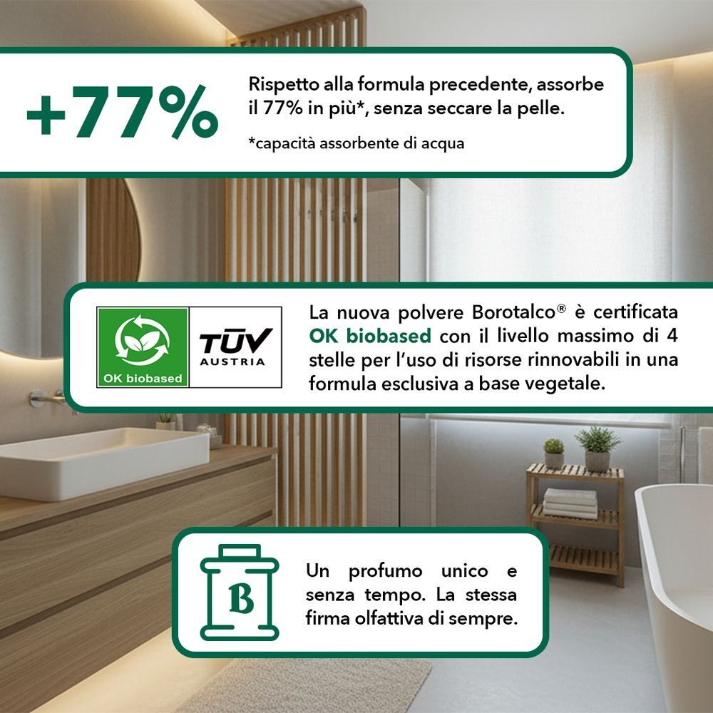 Barattolo Borotalco in un bagno, con testo sull'assorbimento migliorato e certificazione bio.