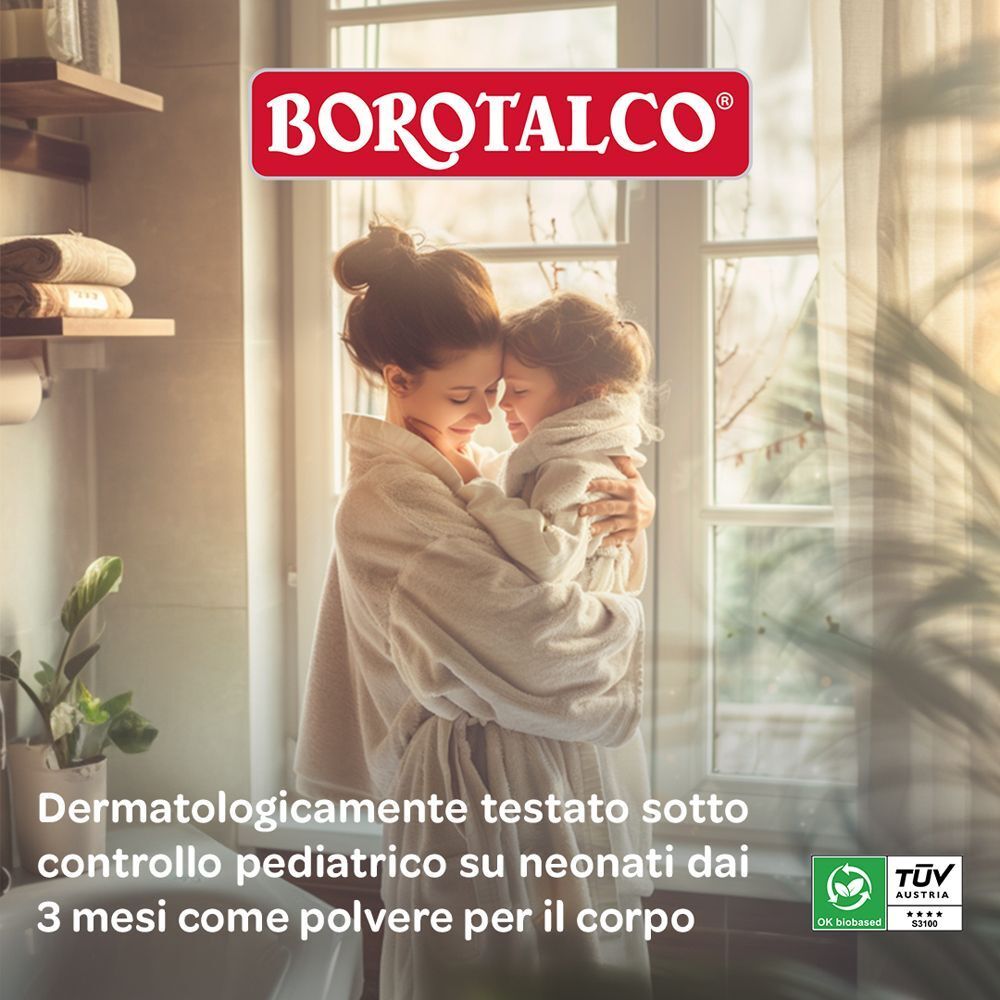 Madre che abbraccia il figlio, con logo Borotalco e certificazione 'TÜV Austria OK biobased'.