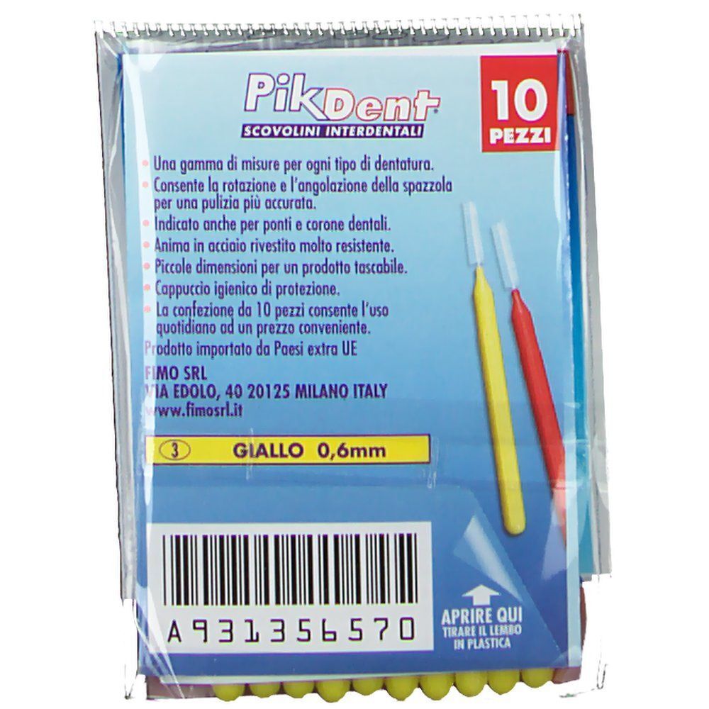 Confezione da 10 scovolini interdentali gialli, 0,6 mm. Include un cappuccio protettivo. Informazioni sul prodotto e codice a barre visibili.