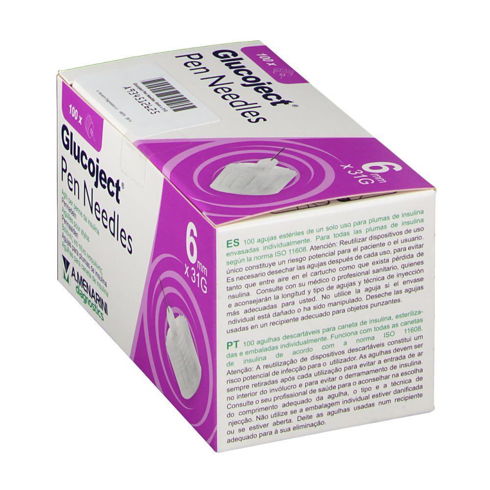 Scatola di 100 aghi per penna Glucoject 31G 6mm. Informazioni multilingue.