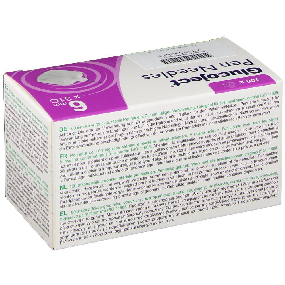 Scatola di 100 aghi per penna Glucoject 31G 6mm. Retro con informazioni multilingue.