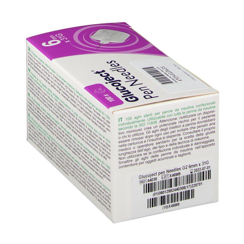 Scatola di 100 aghi per penna Glucoject 31G 6mm. Con codice a barre e numero di lotto.