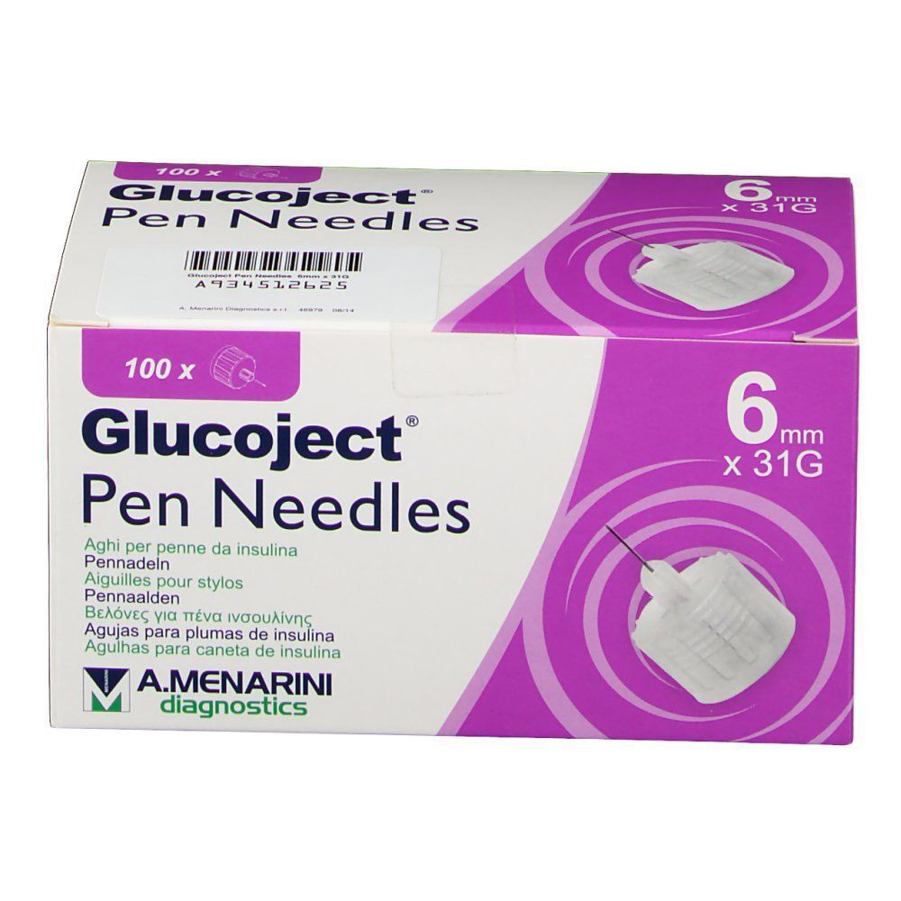Scatola di Glucoject Pen Needles 6mm x 31G, 100 aghi. Logo Amenarini Diagnostics.