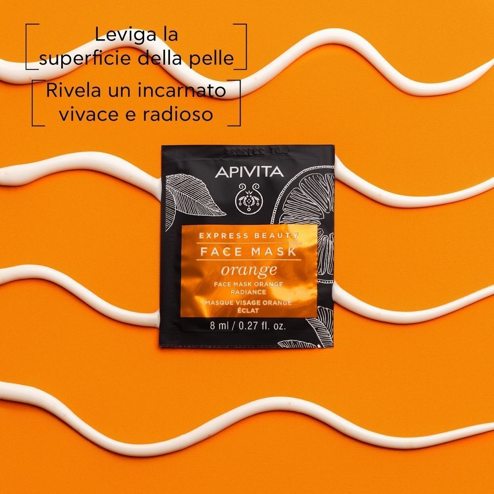 Maschera viso APIVITA EXPRESS BEAUTY Arancia su sfondo arancione.