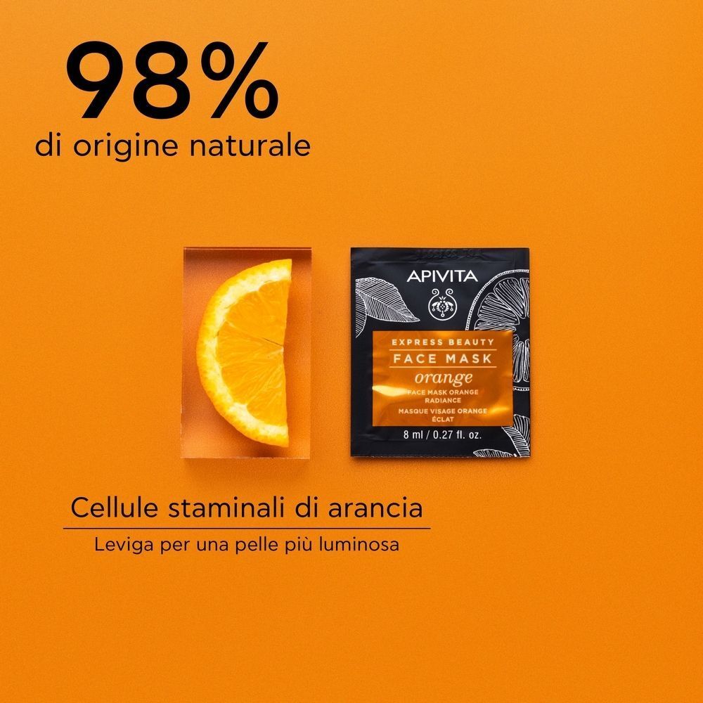Maschera viso APIVITA Arancia accanto a fetta d'arancia e testo '98% di origine naturale'.