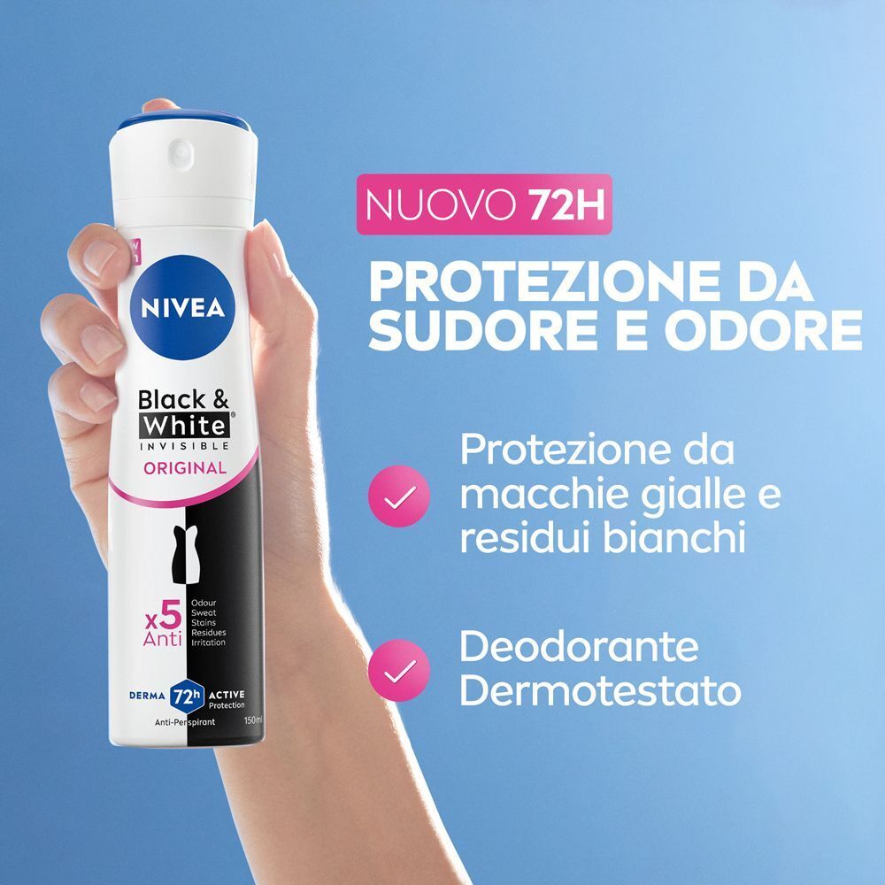 Spray Nivea Black & White: protezione 72h da sudore e odori. Protegge dalle macchie.