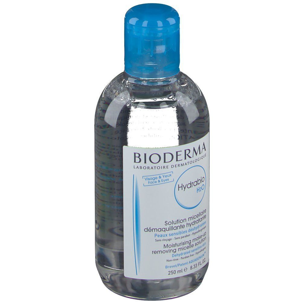 Soluzione micellare BIODERMA Hydrabio H2O in flacone trasparente con tappo blu, 250 ml.