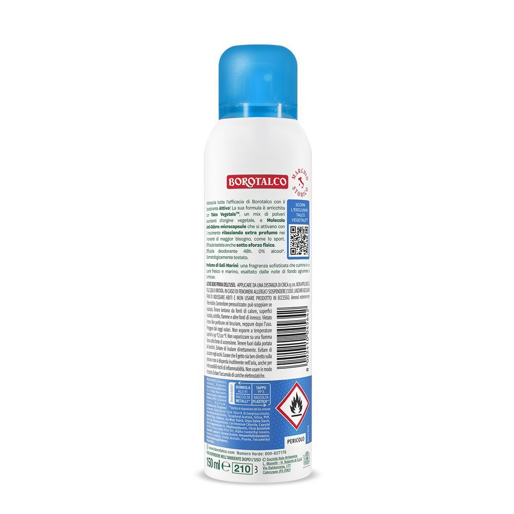 Retro di un flacone spray Borotalco Attivo Blu con informazioni sul prodotto.