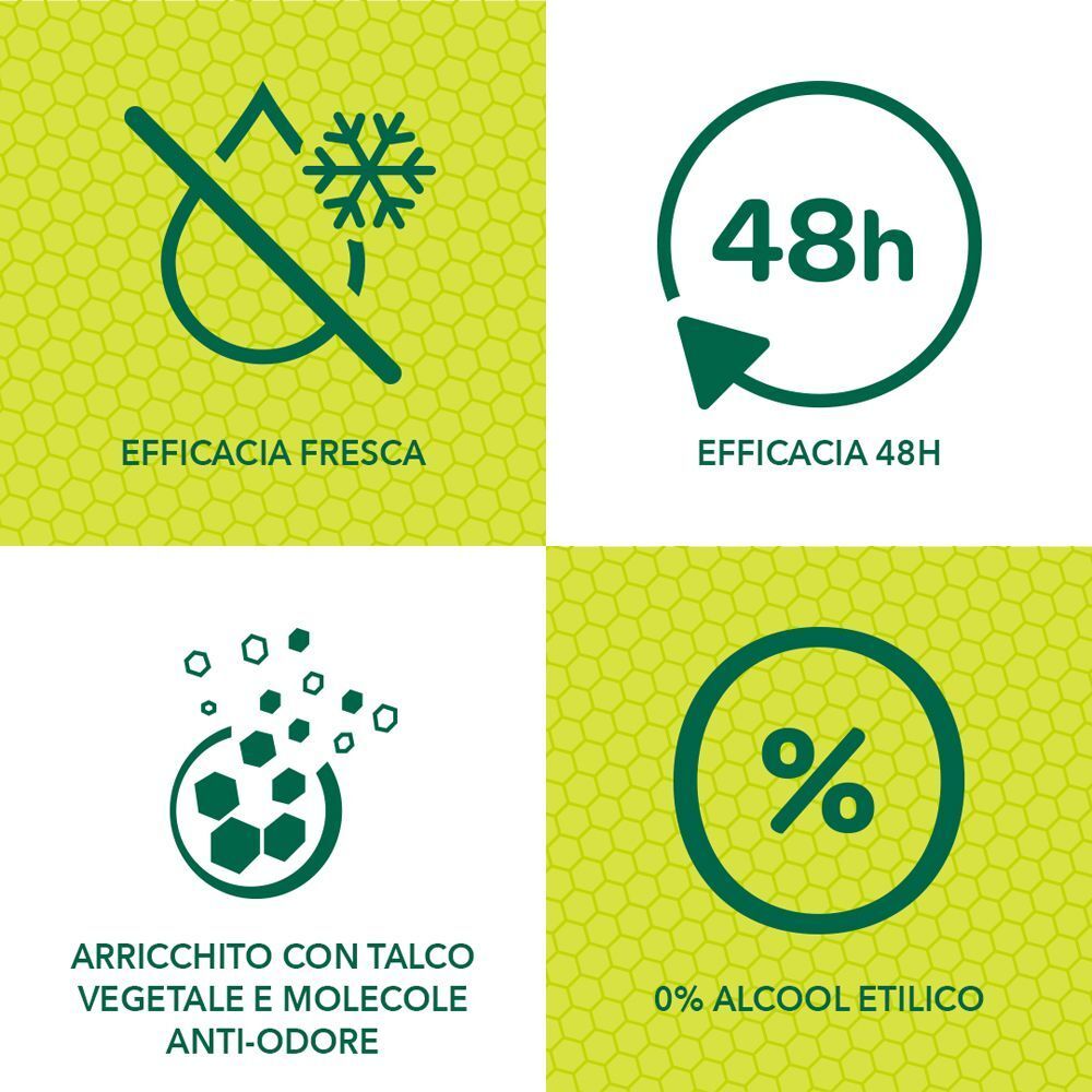 Icone per efficacia fresca, protezione 48h, talco vegetale e 0% alcol.