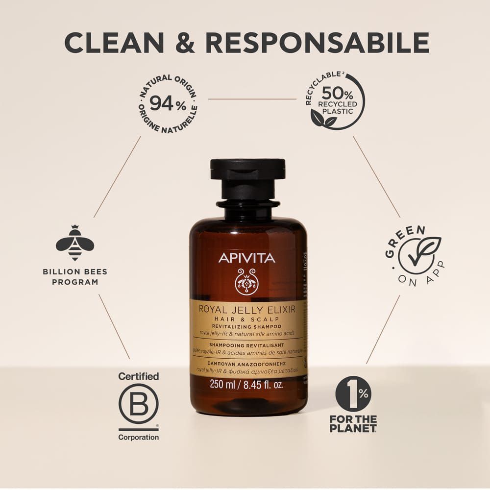 Shampoo Apivita: 94% ingredienti naturali, 50% plastica riciclata.