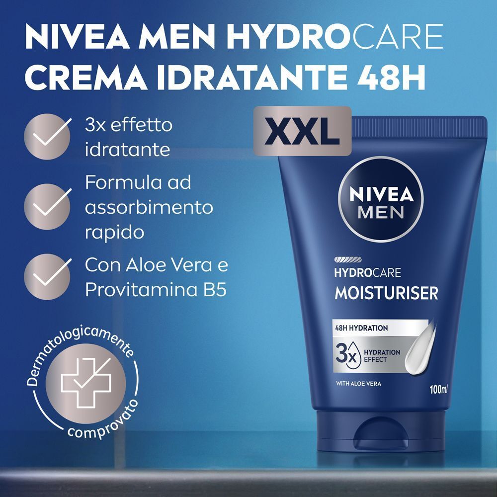 Tubo di crema idratante Nivea Men Hydrocare con Aloe Vera e Provitamin B5.