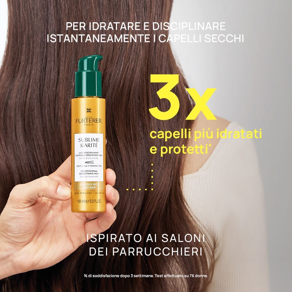 Mano che tiene un flacone Latte disciplinante Sublime Karité René Furterer vicino a capelli lunghi.