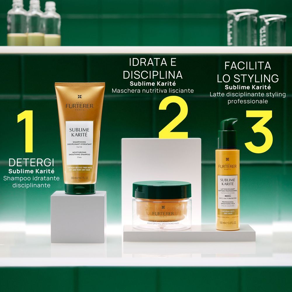 Tre prodotti René Furterer Sublime Karité: Shampoo, Maschera e Latte disciplinante.