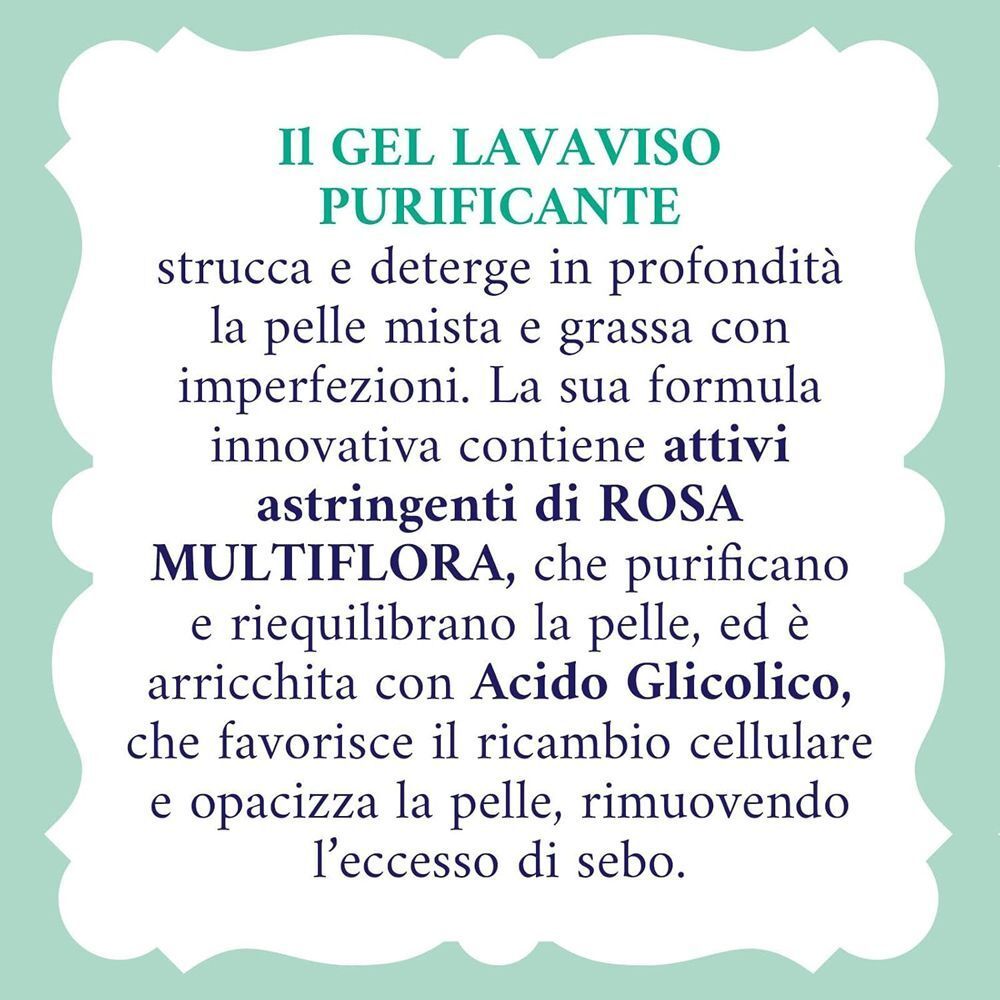 Estratto dell'etichetta Acqua alle Rose Gel Lavaviso Purificante che descrive gli effetti.