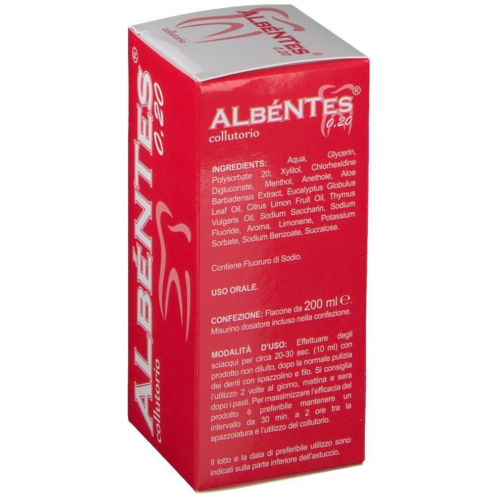 Scatola rossa Albéntes® Collutorio 0,20% con ingredienti e istruzioni d'uso.