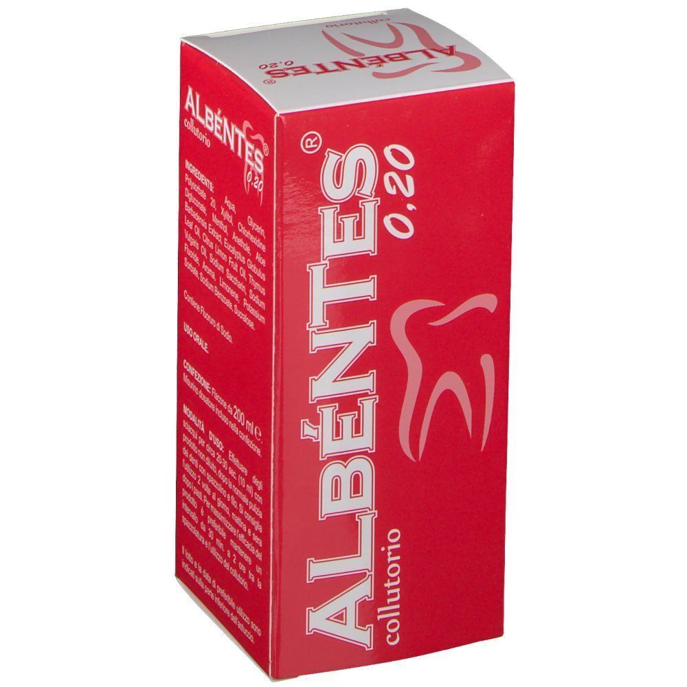 Una scatola rossa Albéntes® Collutorio 0,20% con simbolo di dente, vista di lato.