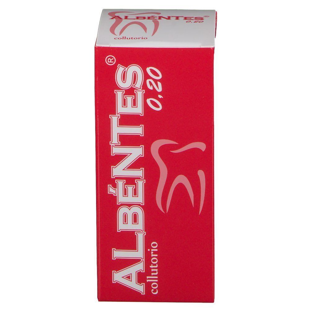 Una scatola rossa Albéntes® Collutorio 0,20% con simbolo di dente, vista frontalmente.
