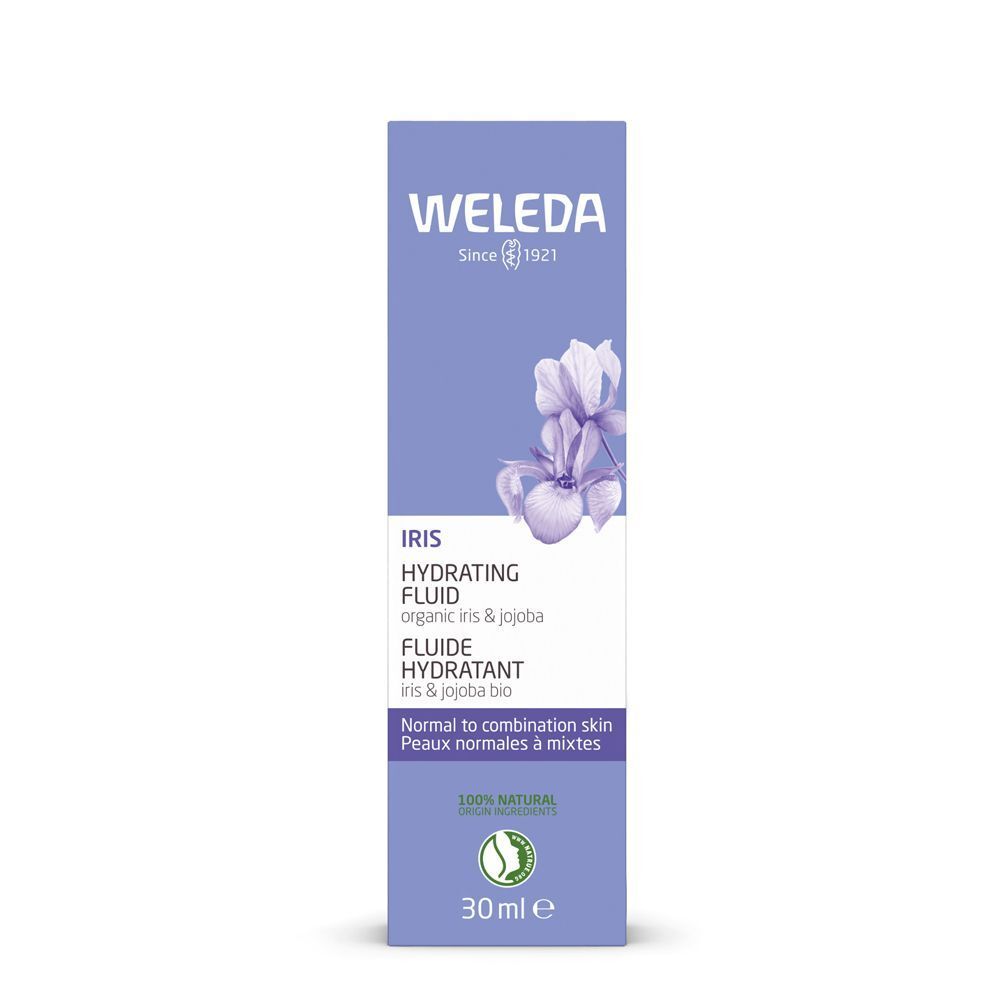 Fluido idratante WELEDA Iris in scatola viola con fiore di iris. Dicitura: IRIS HYDRATING FLUID, 30ml.