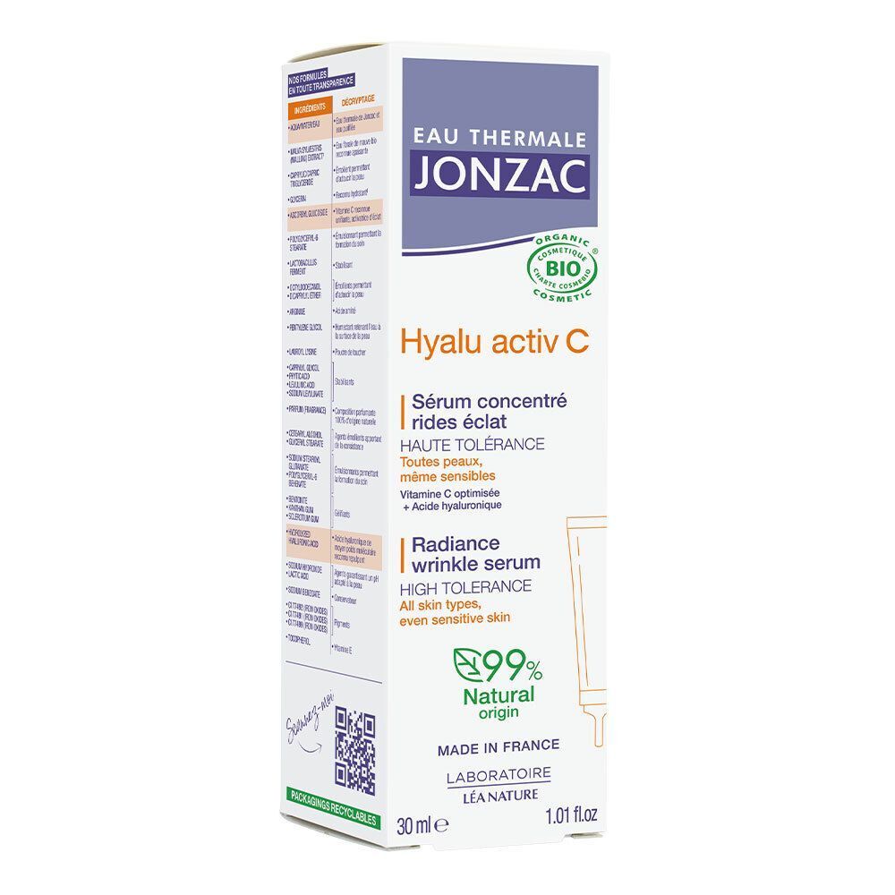 Confezione del siero Hyalu Activ C Eau Thermale Jonzac, fronte con informazioni prodotto e sigillo Bio.