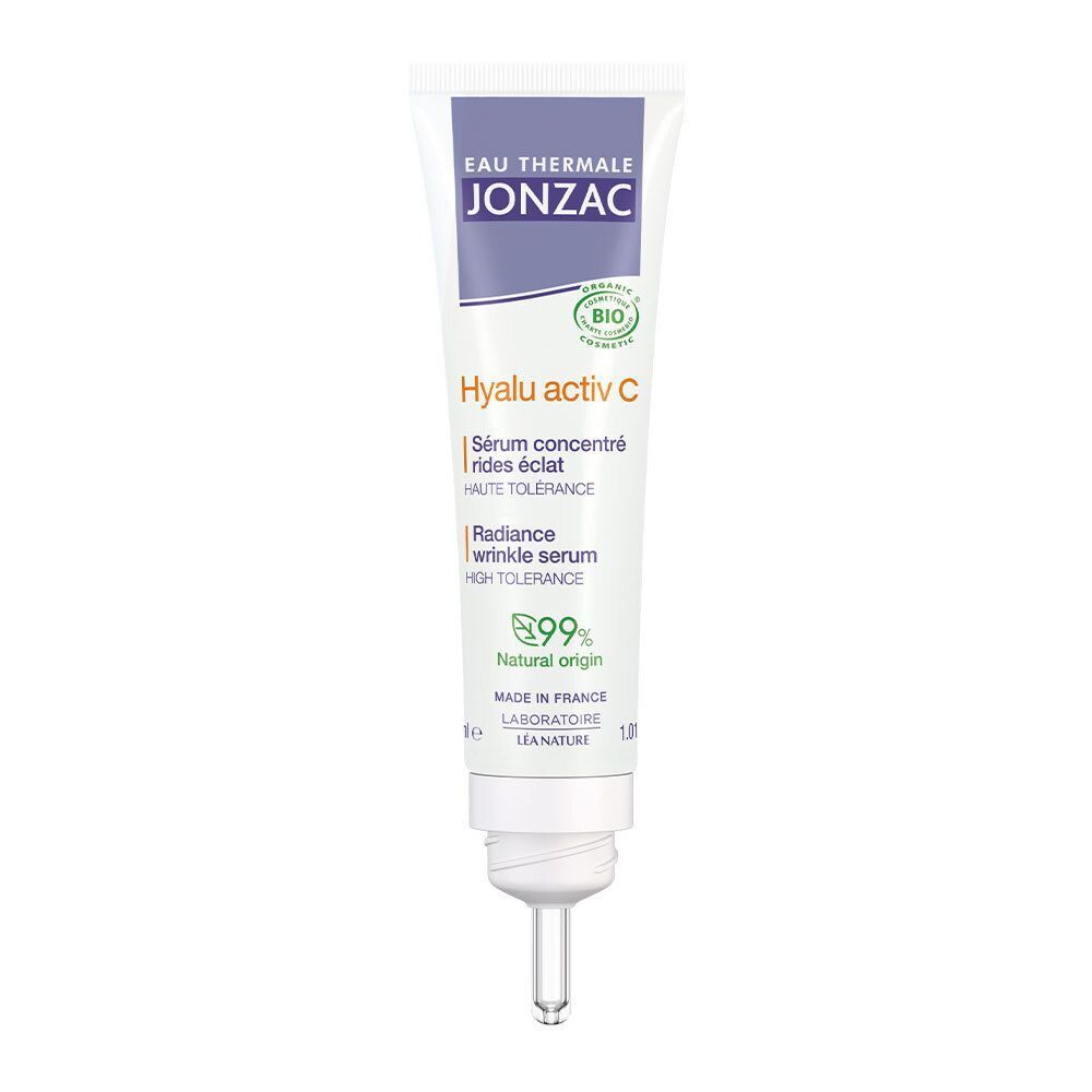 Un tubetto di siero antirughe illuminante Hyalu activ C Jonzac con applicatore.