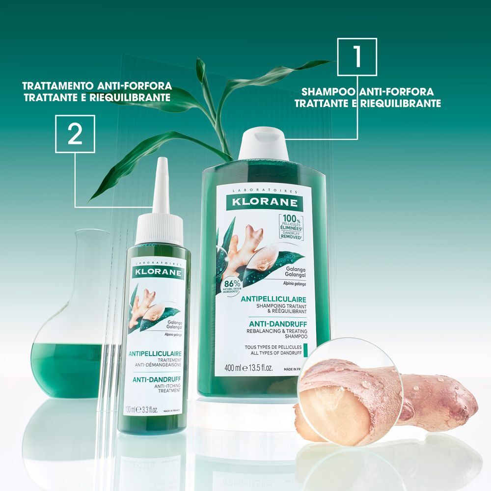 Shampoo Klorane antiforfora e prodotto trattante alla galanga.