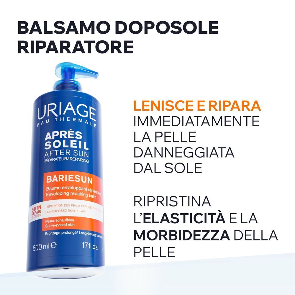 Flacone blu con pompa di Balsamo Doposole Uriage Bariésun, testo su sollievo e riparazione.
