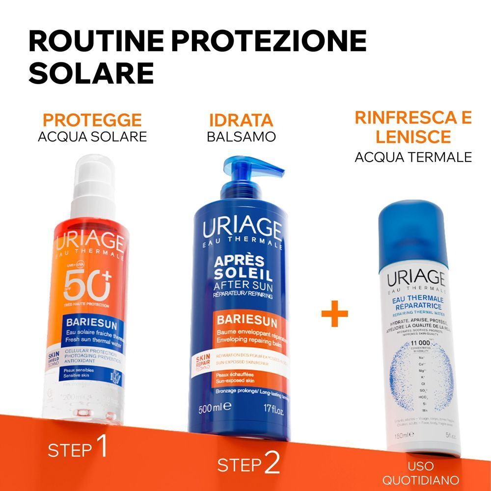 Tre prodotti Uriage Bariésun per la routine solare: spray, balsamo, acqua termale.